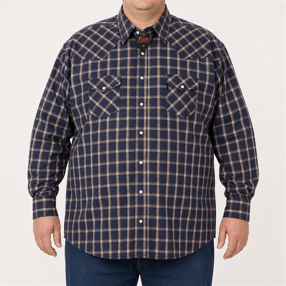Plains Western Wear Shirt Men 3X Big Man Blue Beige Plaid Long Sleeve Pearl Snap